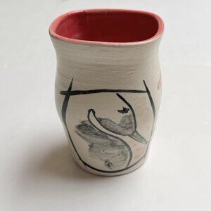 Art Pottery Vase Hand Painted Flower Vase Vintage Artist Signed Bird Gift